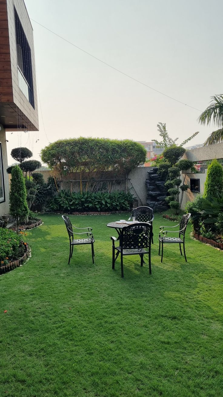 Private garden lawn with morning light